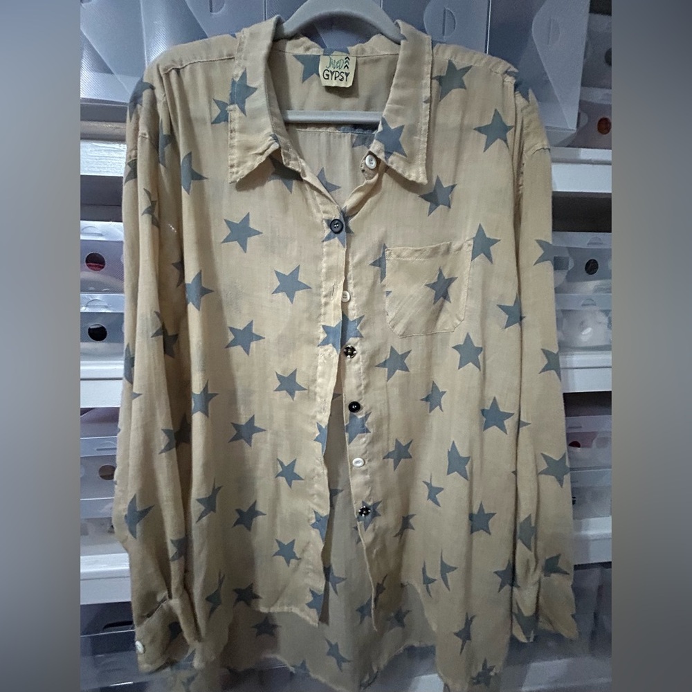 Jaded Gypsy Beige Star Print Button Down Shirt